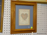 (LWALL) FRAMED PRINT; HEART SHAPED WREATH WITH PINK RIBBONS. DOUBLE MATTED IN PINK AND BLUE AND