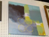 (LWALL) ABSTRACT PAINTING ON CANVAS; BLUE YELLOW AND GREEN TONED ABSTRACT PAINTING WITH FOUR YELLOW