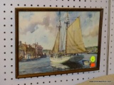 (LWALL) PRINT OF PEOPLE SAILING; PRINT OF PEOPLE SAILING ALONG THE COAST WITH AN OLD HOME IN THE