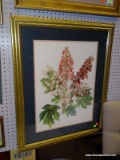 (LWALL) FRAMED BOTANICAL PRINT; SHOWS WHITE, PINK, AND RED FLOWERS. MATTED IN PINK AND NAVY. SITS IN