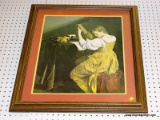 (LWALL) FRAMED VICTORIAN PRINT; THIS PRINT SHOWS A YOUNG WOMAN PLAYING A LYRE. DOUBLE MATTED IN