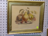 (LWALL) FRAMED STILL LIFE; DEPICTS TWO PEARS NEXT TO AN ASSORTMENT OF BERRIES AND A NEST WITH EGGS.