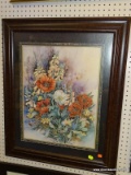 (LWALL) FRAMED FLORAL STILL LIFE; DEPICTS A LARGE BOUQUET OF FLOWERS IN HUES OF RED WHITE, BLUE, AND