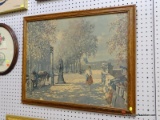(LWALL) VINTAGE PRINT ON BOARD; DEPICTS A WOMAN WALKING THROUGH THE CITY IN THE EARLY 1900'S. SIGNED