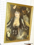 (LWALL) FRAMED VICTORIAN PRINT; DEPICTS A WOMAN WEARING A GOWN AND HER DATE SITTING BEHIND HER IN A