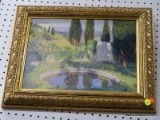 (LWALL) PRINT ON BOARD; DEPICTS A BACKYARD GARDEN WITH A ROUND POND, A BUSH FENCE, AND ROLLING HILLS