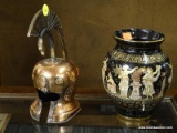 (R1) GREEK VASE AND DECORATIVE HELMET; 2 PIECE LOT TO INCLUDE A BLACK URN SHAPED VASE WITH GOLD TRIM