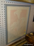 (RWALL) FRAMED LILY EMBOSSED PRINT; DEPICTS A WHITE LILY PLANT WITH 3 BLOOMING FLOWERS. HAS A PINK