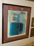 (RWALL) FRAMED ABSTRACT WATERCOLOR; HAS A BLUE AND WHITE COLORWAY. DOUBLE MATTED IN DARK PURPLE AND