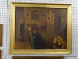 (RWALL) VICTORIAN PRINT ON BOARD; SHOWS A WOMAN, IN A BLUE GOWN, SITTING IN HER ROOM PLAYING SOME