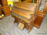 (R2) VINTAGE PUMP ORGAN; WOODEN, CARVED PUMP ORGAN WITH REEDED AND SCROLLING ACCENTS. HAS 2 CANDLE