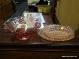 (R2) LOT OF DEPRESSION GLASS DISHES; 3 PIECE LOT TO INCLUDE 2 PEACH SERVING DISHES WITH A SCALLOPED