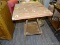 (R2) WORK TABLE; RED PAINTED WORK TABLE WITH 4 FLARED BLOCK LEGS AND A LOWER SHELF. HAS AN OLD