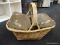 (R3) PICNIC BASKET; WICKER PICNIC BASKET WITH 2 WOODEN LIDS WITH HAND PAINTED FLOWERS AND AN