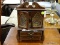 (R4) DOLLHOUSE MUSIC BOX ARMOIRE AND CONTENTS; WOODEN, MINIATURE ARMOIRE WITH 2 TOP CABINET DOORS