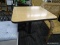(R4.5) SQUARE TABLE ON AN IRON BASE; WOODGRAIN TABLE WITH A RUBBER RIM AROUND THE TABLE TOP AND AN