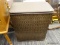 (WINDOW) BURLINGTON LAUNDRY BASKET; BROWN WICKER CLOTHES HAMPER. HAS A RIP ON THE FRONT RIGHT FABRIC