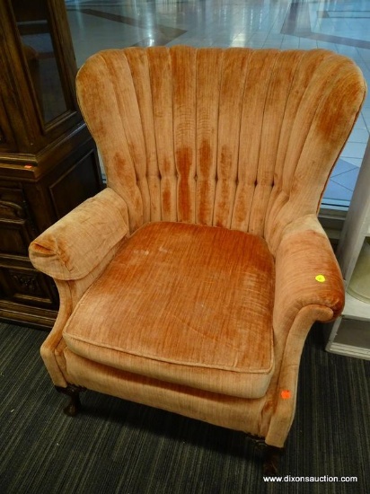 (WINDOW) SHELL BACK ARMCHAIR; PINK UPHOLSTERED CLOTH, SHELL BACK, WING BACK ARM CHAIR WITH 1 ARM