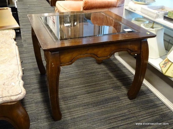(WINDOW) GLASS TOP END TABLE; BEVELED GLASS END TABLE WITH A CARVED OUTLINE RELIEF AROUND THE TABLE