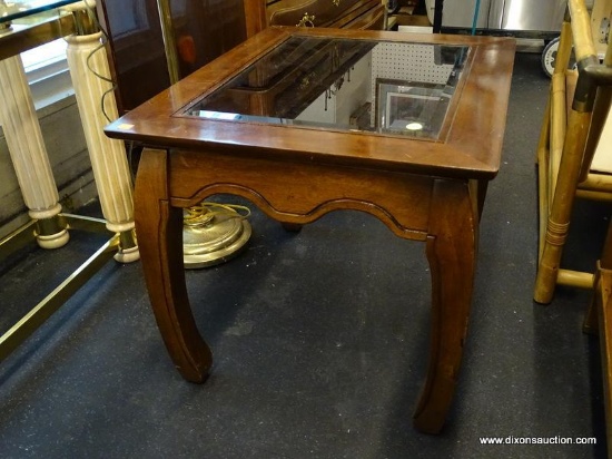 (WINDOW) GLASS TOP END TABLE; BEVELED GLASS END TABLE WITH A CARVED OUTLINE RELIEF AROUND THE TABLE