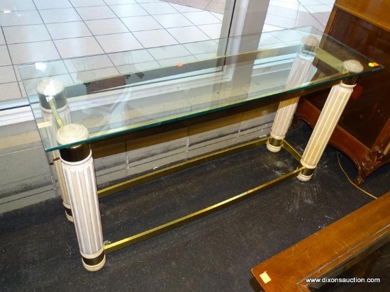 (WINDOW) GLASS TOP SOFA TABLE; HAS A RECTANGULAR GLASS TABLE TOP WITH A 4 REEDED COLUMN POST AND 2