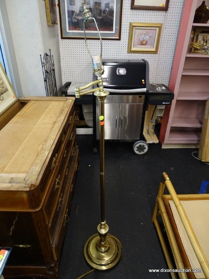 (WINDOW) FLOOR LAMP; BRASS FLOOR LAMP WITH A BELL SHAPED BOTTOM AND A SWINGING ARM TOP WITH A SHELL