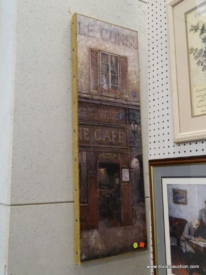 (WINDOW) PRINT OF STOREFRONT PAINTING; PRINT OF FRENCH WINE BAR STOREFRONT PAINTING. SITS ON BURLAP