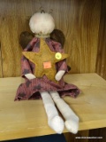 (BWALL) RUSTIC SITTING ANGLE; CANVAS ANGEL DOLL DRESSED IN STAR GOWN, FELT WINGS, HOLDING FELT STAR