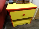 (R2) 1 OF A PAIR OF ASHLEY FURNITURE KID'S FIRST SIDE TABLES; CHILDS SIDE TABLE, RED AND YELLOW IN