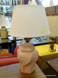 (R2) TABLE LAMP; PINK, SPIRALING GINGER JAR SHAPED TABLE LAMP WITH A CRACKLE GLAZE STYLE. COMES WITH