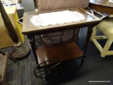 (R2) TEA CART; VINTAGE, WOODEN TEA CART WITH A REMOVABLE GLASS TOP TRAY, TAPERED POLE LEGS LEADING