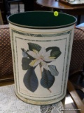 (R2) TRASHCAN; GREEN PAINTED, METAL WASTECAN WITH A MAGNOLIA PRINT STICKER ON THE FRONT.