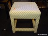 (R2) OTTOMAN/FOOTSTOOL; FULLY UPHOLSTERED OTTOMAN WITH A YELLOW AND WHITE DIAMOND PATTERN AND A BOX