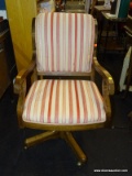 (R3) UPHOLSTERED OFFICE CHAIR; MULTI-TONE PINK AND CREAM STRIPE UPHOLSTERED OFFICE CHAIR WITH A