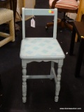 (R3) CHILD'S STOOL/CHAIR; LIGHT BLUE PAINTED KIDS STOOL WITH SPOOL TURNED LEGS, A FRONT SCALLOPED