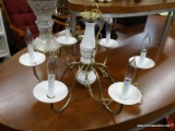 (R3) 6-LIGHT CHANDELIER; WHITE PORCELAIN, VASE SHAPED CHANDELIER CENTER WITH GOLD TONE ACCENTS AND 6