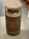 (R3) ANTIQUE MILK JUG; LIDDED MILK JUG WITH SPOUT. HAS RUSTING AND SPOUT NEEDS COVER. MEASURES 20.5