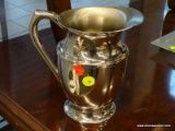 (WINDOW) EMPIRE PEWTER PITCHER; PEWTER BEVERAGE PITCHER WITH HANDLE. HAS A MINOR DENT IN THE SIDE.