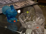(R3) SERVING BOWL AND TURKEY SHAPED BOWL; 2 PIECE LOT TO INCLUDE A BLUE GLASS TURKEY SHAPED BOWL