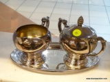 (WINDOW) SILVERPLATE CREAMER AND PITCHER SET; COMES WITH UNDERPLATE AND SCROLL DETAILED HANDLES.