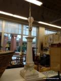 (R3) TABLE LAMP; COLUMN STYLE, WHITE CERAMIC TABLE LAMP. DOES NOT HAVE SHADE. MEASURES 28 IN TALL.