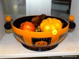 (WINDOW) PUMPKIN THEMED BOWL WITH FAUX AUTUMN VEGETABLES AND DECORATIONS; BOWL HAS A HALLOWEEN