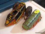 (R3) VINTAGE WIND UP TOY RACER (MISSING WHEELS) AND TOOTSIETOY DOMACO OIL TRAIN.