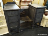 (R3) VANITY; BLACK PAINTED, WOODEN VANITY AN INLET FOR KNEES AND 3 DOVETAILED DRAWERS ON THE LEFT