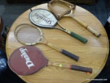(R4) LOT OF VINTAGE TENNIS RACKETS; 4 PIECE LOT INCLUDES 2 DUNLOP RACKETS, A SPALDING SPEED SHAFT
