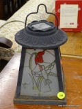 (R4) LANTERN WITH STAINED GLASS PANELS; HAS A BATTERY POWERED LIGHT AND 4 HUMMINGBIRD STAINED GLASS