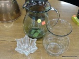(R4) LOT OF GLASSWARE; 3 PIECE LOT TO INCLUDE A BLOWN GLASS PITCHER WITH A GREEN UNDERTONE, A CLEAR