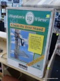 (R4) HUNTER'S VIEW CHAIN-ON TREE STAND; MODEL HVTS-100. PLATFORM SIZE IS 18 IN X 24 IN. STEEL CABLE