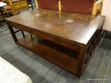 (R4.5) MODERN LIFT TOP COFFEE TABLE; DARK STAINED, WOODEN COFFEE TABLE WITH A BOTTOM SHELF AND 2