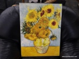 (R4.5) VINCENT VAN GOGH SUNFLOWER PRINT ON CANVAS; STILL LIFE DEPICTS A CREAM AND YELLOW VASE FULL